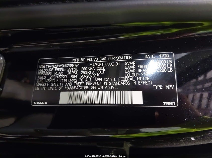 2021 Volvo Xc90 VIN YV4102PK5M1708457 IAAI salvage auction — LEFT SIDE, Salvage Title, sold $7,950 on 2026-07-29 (photo 9)