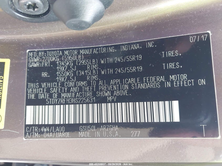 2017 Toyota Highlander VIN 5TDYZRFH3HS225631 IAAI salvage auction — FRONT END, Original (Texas), sold $5,900 on 2026-07-17 (photo 9)