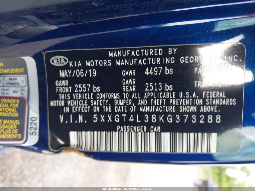 2019 Kia Optima VIN 5XXGT4L38KG373288 IAAI salvage auction — LEFT SIDE, Salvage Title, sold $1,250 on 2026-07-14 (photo 9)
