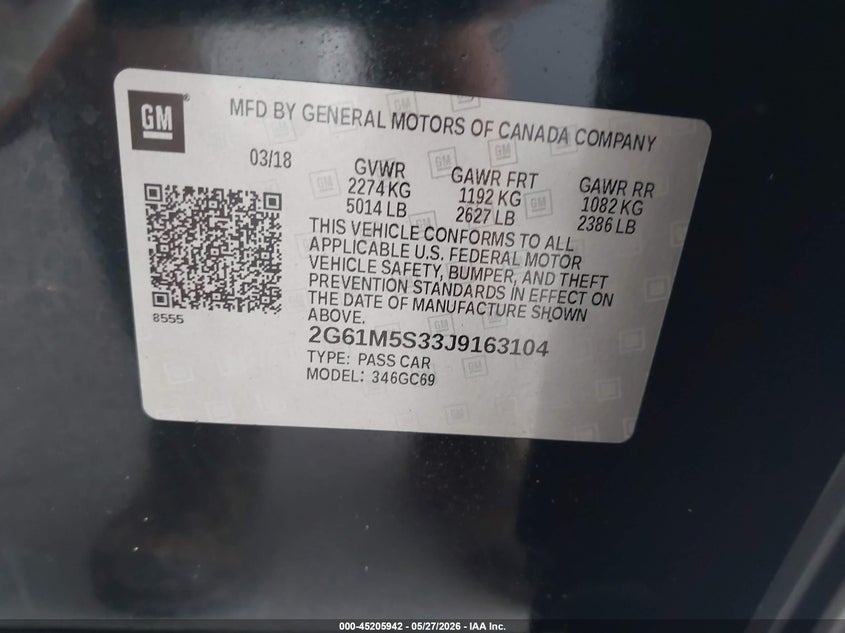 2018 Cadillac Xts VIN 2G61M5S33J9163104 IAAI salvage auction — REAR END, Wait Title, sold $3,750 on 2026-09-07 (photo 9)