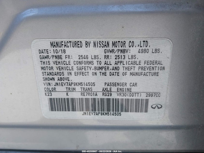 2019 Infiniti Q50 VIN JN1EV7AP9KM514505 IAAI salvage auction — NORMAL WEAR, Clear - Dealer Only (California), sold $1,350 on 2026-07-06 (photo 9)