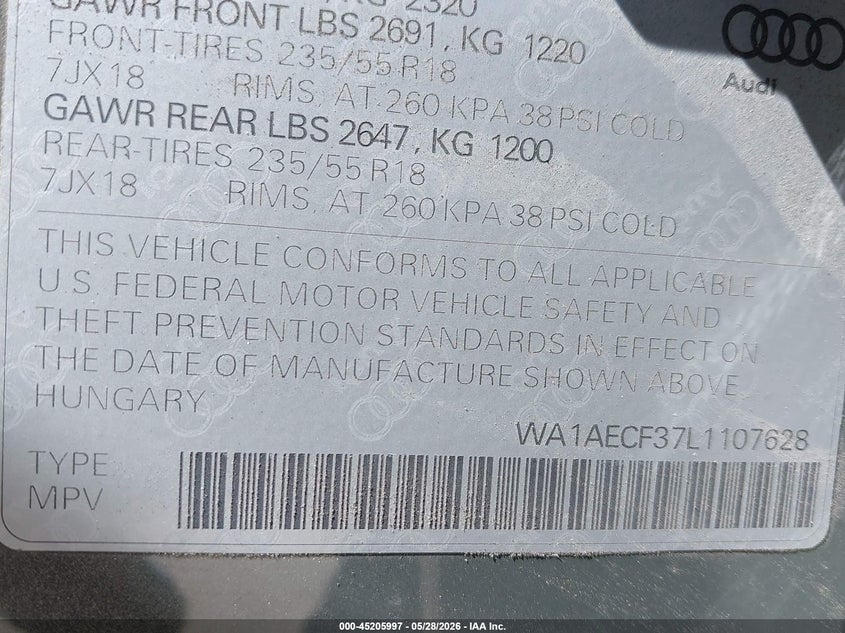 2020 Audi Q3 VIN WA1AECF37L1107628 IAAI salvage auction — LEFT SIDE, Salvage (Maine), sold $10,200 on 2026-07-06 (photo 9)