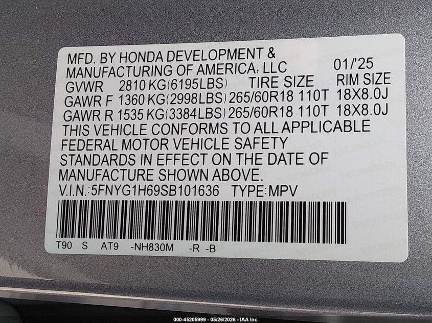 2025 Honda Pilot VIN 5FNYG1H69SB101636 IAAI salvage auction — FRONT END, Salvage (California), sold $13,200 on 2026-07-26 (photo 9)