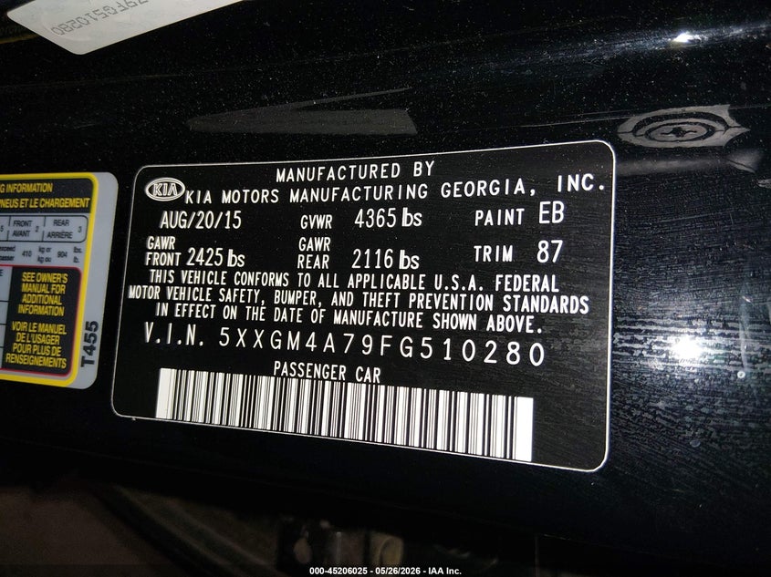 2015 Kia Optima VIN 5XXGM4A79FG510280 IAAI salvage auction — LEFT SIDE, Clear (Tennessee), sold $725 on 2026-07-06 (photo 9)