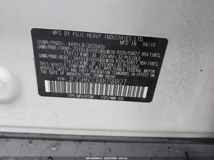2010 Subaru Forester VIN JF2SH6CC8AH798827 IAAI salvage auction — FRONT END, Salvage (Texas), sold $750 on 2026-07-16 (photo 9)