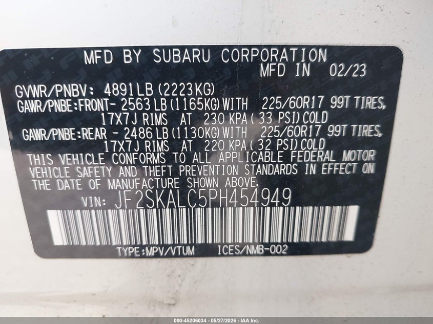 2023 Subaru Forester VIN JF2SKALC5PH454949 IAAI salvage auction — FRONT END, Mv-907A (New York), sold $7,550 on 2026-07-21 (photo 9)