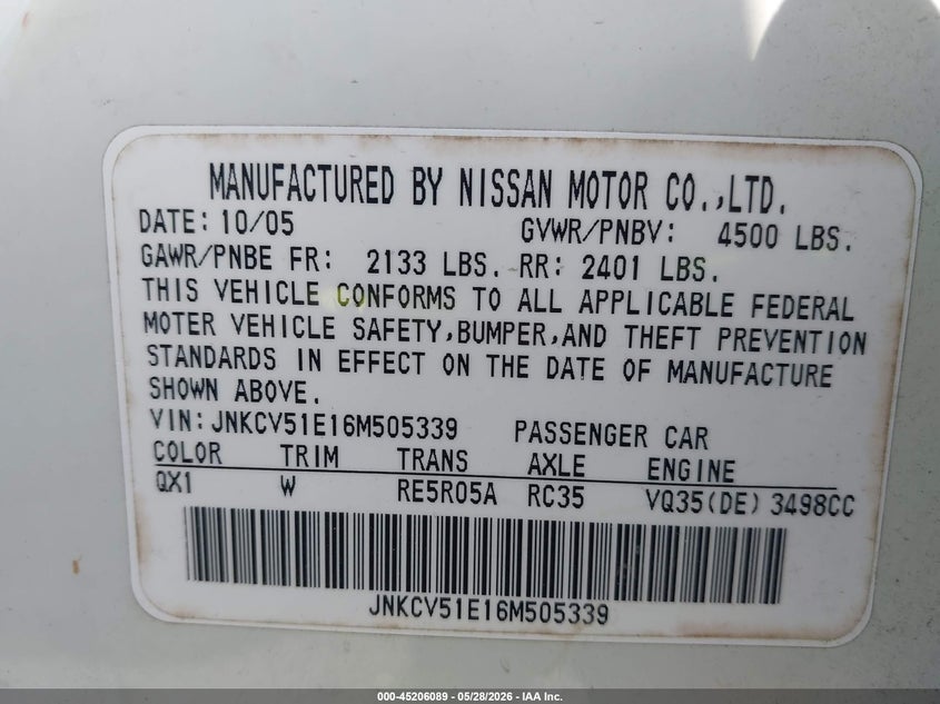 2006 Infiniti G VIN JNKCV51E16M505339 IAAI salvage auction — REAR END, Salvage (Texas), sold $650 on 2026-07-28 (photo 9)