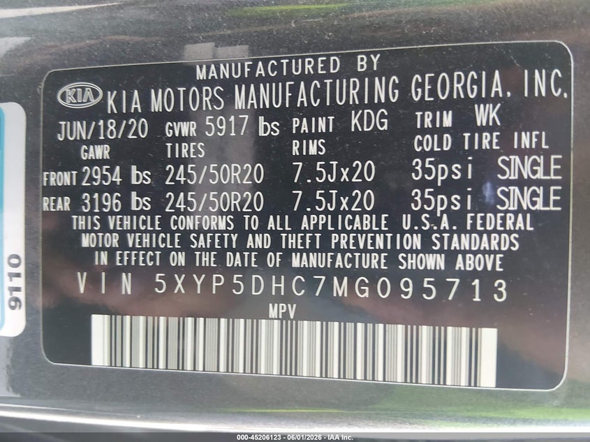 2021 Kia Telluride VIN 5XYP5DHC7MG095713 IAAI salvage auction — REAR END, Salvage Title, sold $4,800 on 2026-07-09 (photo 9)