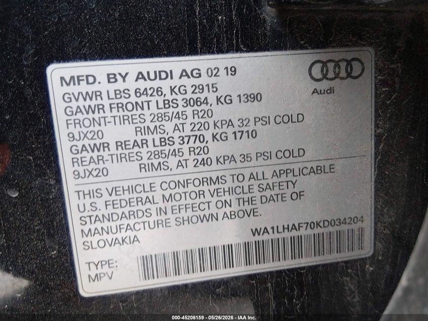 2019 Audi Q7 VIN WA1LHAF70KD034204 IAAI salvage auction — FRONT END, Salvage (Illinois), sold $3,225 on 2026-07-28 (photo 9)