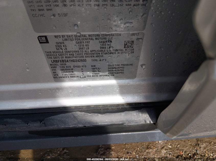 2017 Buick Envision VIN LRBFXBSA1HD242600 IAAI salvage auction — HAIL, Salvage (Kansas), sold $6,350 on 2026-08-01 (photo 9)