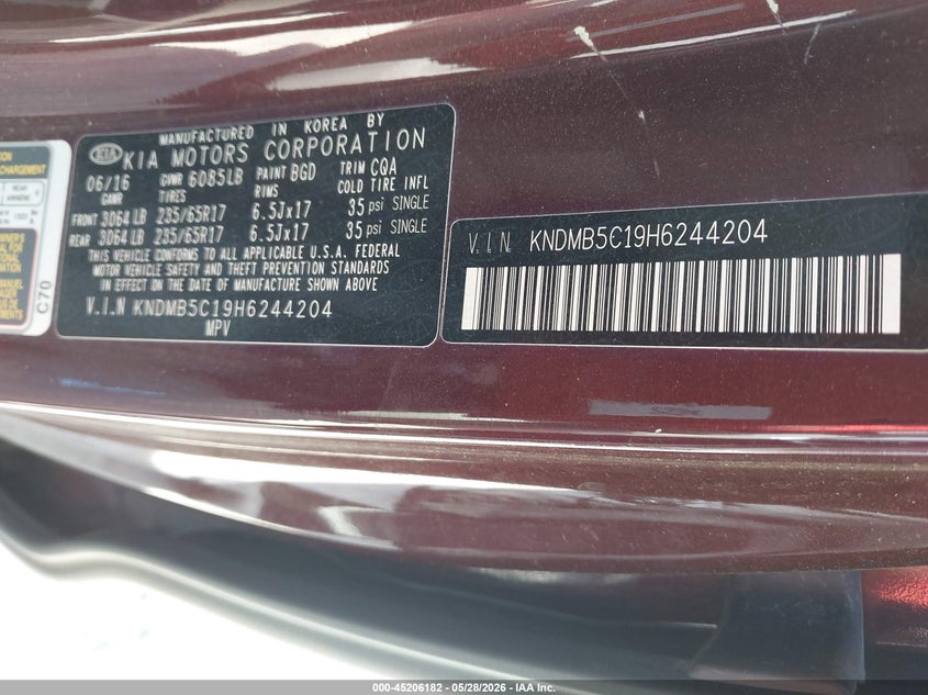 2017 Kia SEDONA VIN KNDMB5C19H6244204 IAAI salvage auction — LEFT SIDE, Salvage Title, sold $1,550 on 2026-07-14 (photo 9)