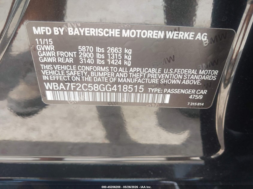 2016 BMW 7er VIN WBA7F2C58GG418515 IAAI salvage auction — LEFT FRONT, Original (Texas), sold $15,750 on 2026-08-05 (photo 9)
