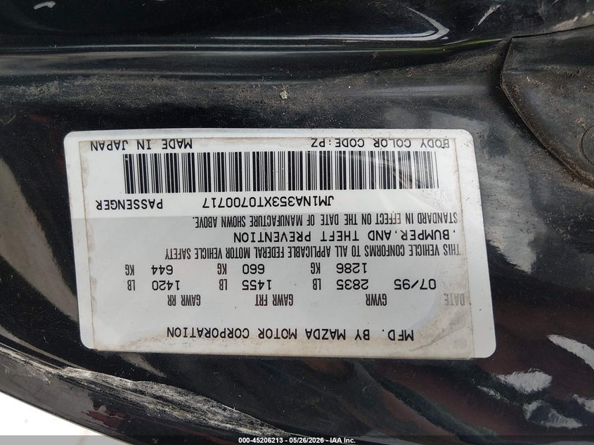 1996 Mazda Mx-5 miata VIN JM1NA353XT0700717 IAAI salvage auction — HAIL, Clear (Missouri), sold $700 on 2026-07-13 (photo 9)