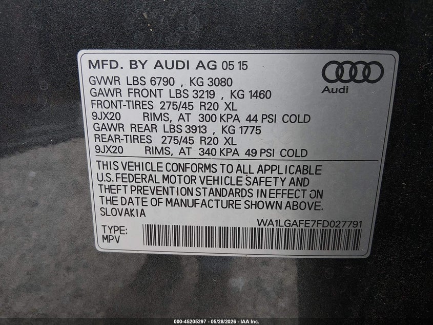 2015 Audi Q7 VIN WA1LGAFE7FD027791 IAAI salvage auction — FRONT & REAR, Salvage (South Carolina), sold $1,550 on 2026-07-29 (photo 9)
