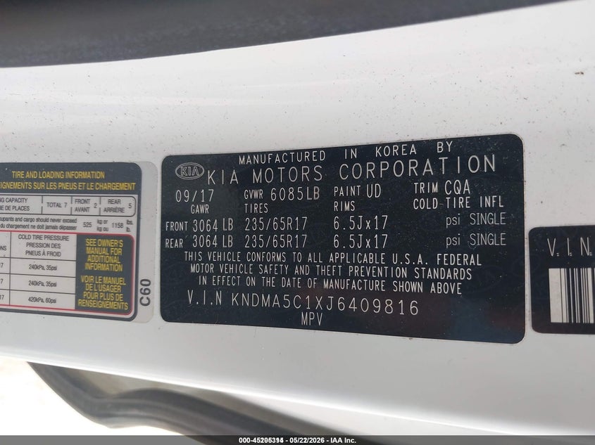 2018 Kia SEDONA VIN KNDMA5C1XJ6409816 IAAI salvage auction — SIDE, Sf97 (Texas), sold $15,050 on 2026-07-07 (photo 9)