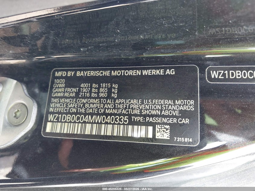 2021 Toyota Supra VIN WZ1DB0C04MW040335 IAAI salvage auction — FRONT & REAR, Salvage Title, sold $11,400 on 2026-07-20 (photo 9)