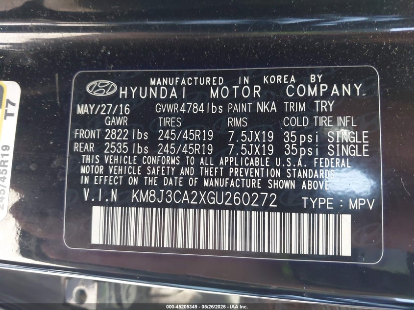 2016 Hyundai Tucson VIN KM8J3CA2XGU260272 IAAI salvage auction — FRONT END, Certificate Of Title (Nebraska), sold $2,100 on 2026-07-09 (photo 9)