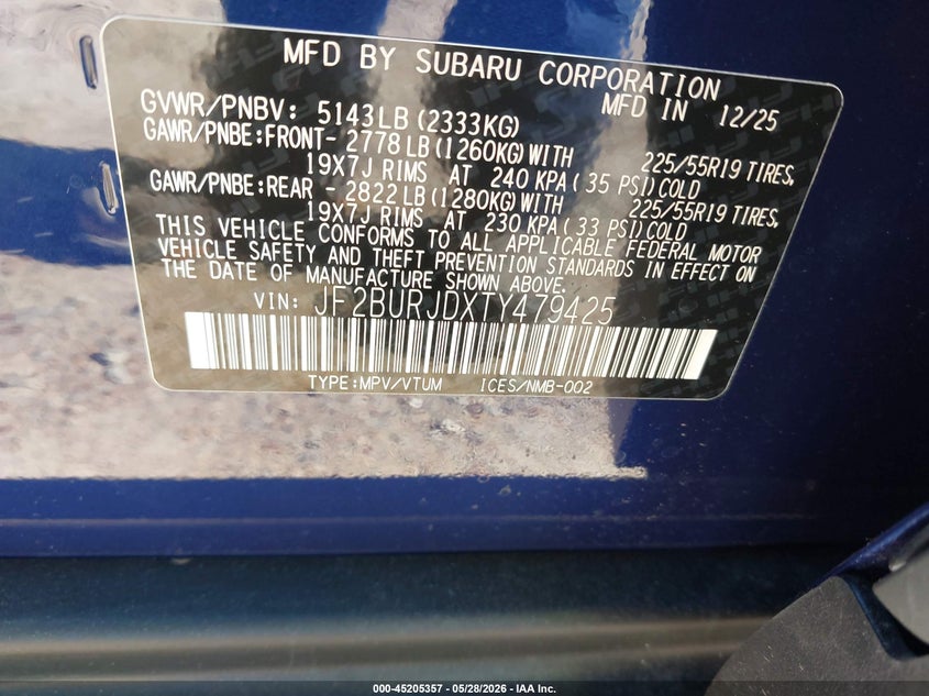 2026 Subaru Outback VIN JF2BURJDXTY479425 IAAI salvage auction — HAIL, Salvage (Idaho), sold $26,025 on 2026-07-06 (photo 9)