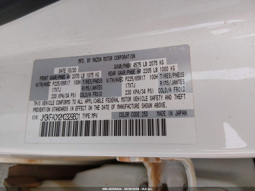2021 Mazda Cx-5 VIN JM3KFACM2M0329601 IAAI salvage auction — FRONT END, Salvage Title, sold $1,800 on 2026-07-24 (photo 9)