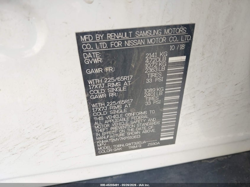 2019 Nissan Rogue VIN KNMAT2MV7KP510613 IAAI salvage auction — FRONT END, Mv-907A (New York), sold $1,450 on 2026-07-09 (photo 9)
