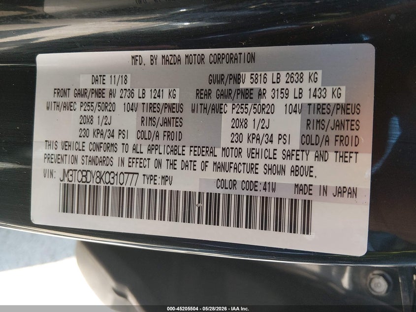 2019 Mazda Cx-9 VIN JM3TCBDY8K0310777 IAAI salvage auction — HAIL, Salvage Title, sold $9,050 on 2026-08-25 (photo 9)