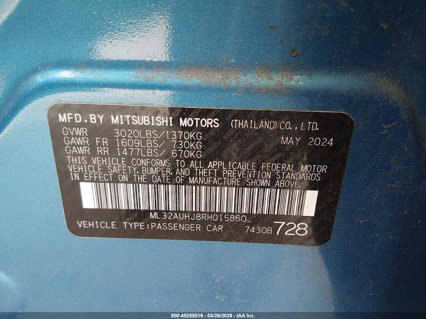 2024 Mitsubishi Mirage VIN ML32AUHJ8RH015860 IAAI salvage auction — LEFT REAR, Salvage (New Jersey), sold $3,050 on 2026-08-20 (photo 9)