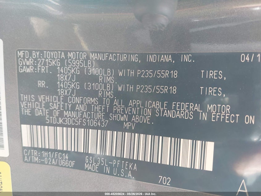 2015 Toyota Sienna VIN 5TDJK3DC5FS106437 IAAI salvage auction — FRONT END, Junk Bill Of Sale Mv2459 (Wisconsin), sold $1,200 on 2026-07-24 (photo 9)