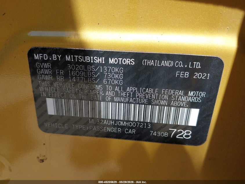2021 Mitsubishi Mirage VIN ML32AUHJ0MH007213 IAAI salvage auction — HAIL, Salvage Title, sold $2,600 on 2026-07-28 (photo 9)