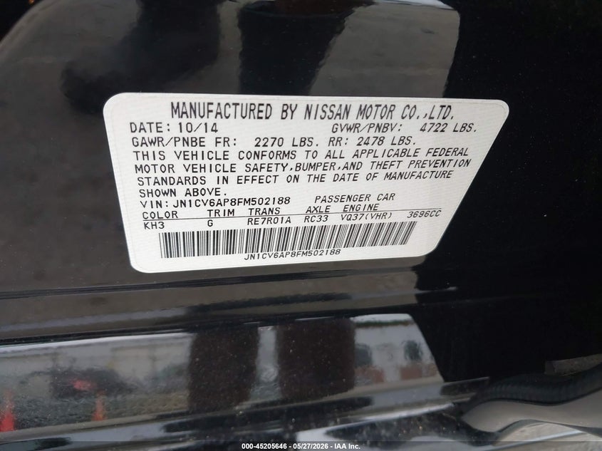 2015 Infiniti Q40 VIN JN1CV6AP8FM502188 IAAI salvage auction — FRONT END, Salvage (North Carolina), sold $1,525 on 2026-07-20 (photo 9)