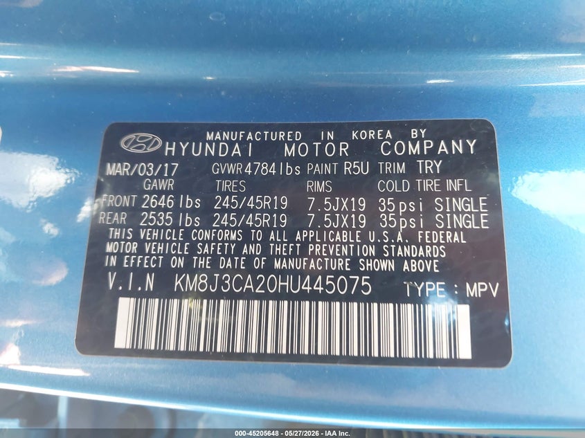 2017 Hyundai Tucson VIN KM8J3CA20HU445075 IAAI salvage auction — LEFT FRONT, Salvage Title, sold $1,600 on 2026-07-29 (photo 9)