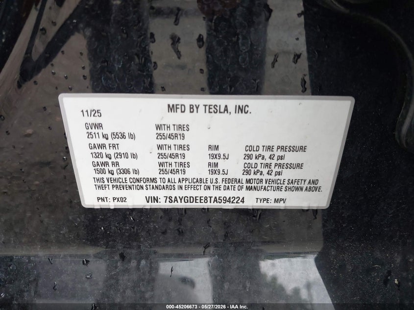 2026 Tesla Model y VIN 7SAYGDEE8TA594224 IAAI salvage auction — REAR END, Salvage (Pennsylvania), sold $23,600 on 2026-07-23 (photo 9)