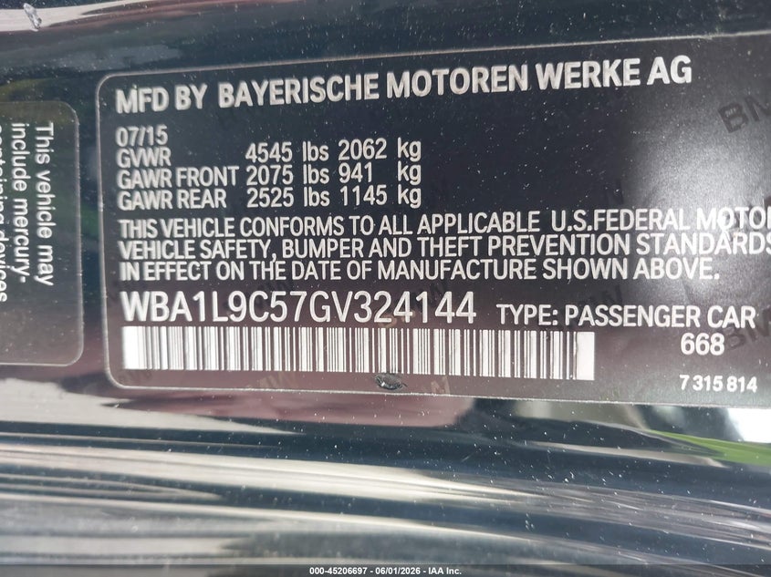2016 BMW 2er VIN WBA1L9C57GV324144 IAAI salvage auction — REAR END, Salvage Title, sold $3,050 on 2026-07-24 (photo 9)