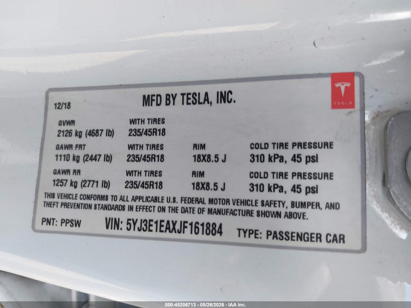 2018 Tesla Model 3 VIN 5YJ3E1EAXJF161884 IAAI salvage auction — LEFT SIDE, Salvage (California), sold $3,050 on 2026-07-21 (photo 9)