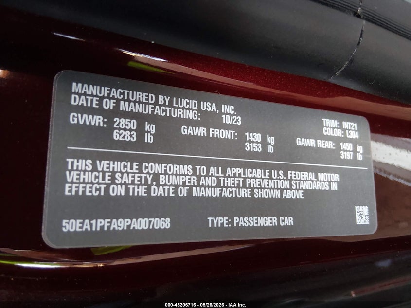 2023 Lucid Air VIN 50EA1PFA9PA007068 IAAI salvage auction — REAR END, Wait Title, sold $13,000 on 2026-08-20 (photo 9)