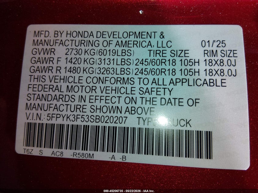 2025 Honda Ridgeline VIN 5FPYK3F53SB020207 IAAI salvage auction — RIGHT SIDE, Salvage (Nevada), sold $10,600 on 2026-07-24 (photo 9)