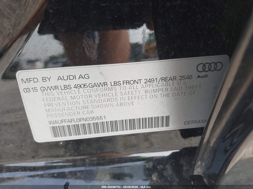 2015 Audi A4 VIN WAUFFAFL0FN035551 IAAI salvage auction — UNDERCARRIAGE, Salvage Title, sold $300 on 2026-07-23 (photo 9)