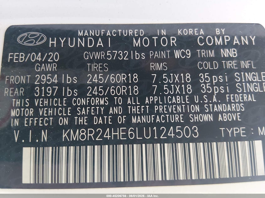 2020 Hyundai Palisade VIN KM8R24HE6LU124503 IAAI salvage auction — WATER/FLOOD, Salvage (South Carolina), sold $225 on 2026-07-29 (photo 9)