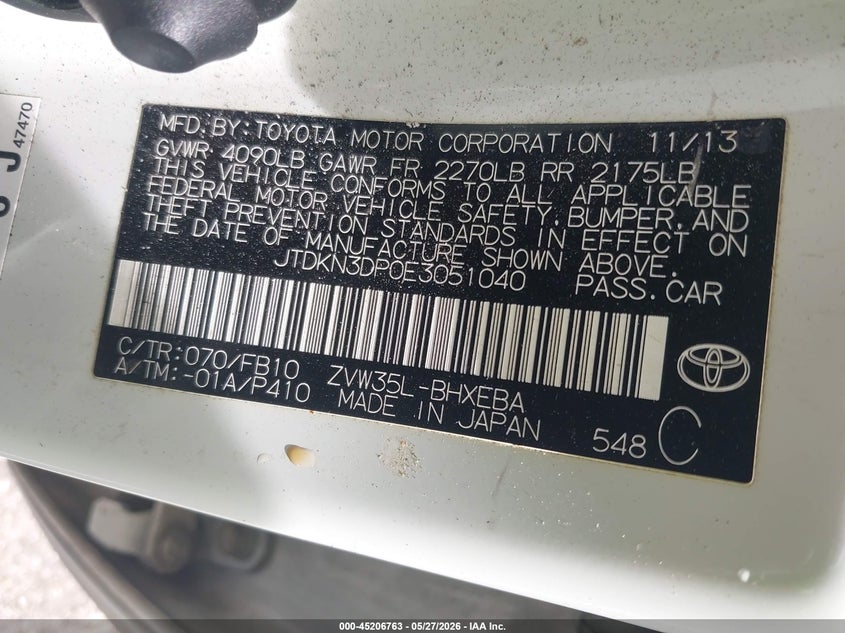 2014 Toyota Prius plug-in VIN JTDKN3DP0E3051040 IAAI salvage auction — RIGHT FRONT, Salvage (Georgia), sold $175 on 2026-07-22 (photo 9)