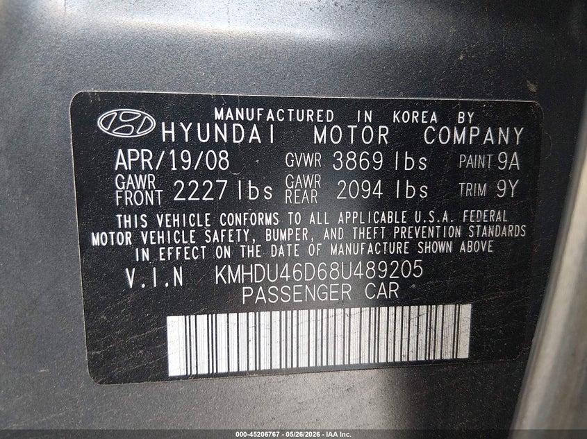 2008 Hyundai Elantra VIN KMHDU46D68U489205 IAAI salvage auction — REAR END, Salvage (New Jersey), sold $225 on 2026-07-20 (photo 9)