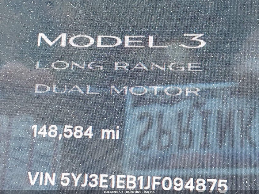 2018 Tesla Model 3 VIN 5YJ3E1EB1JF094875 IAAI salvage auction — FRONT END, Original (Texas), sold $3,350 on 2026-07-09 (photo 7)