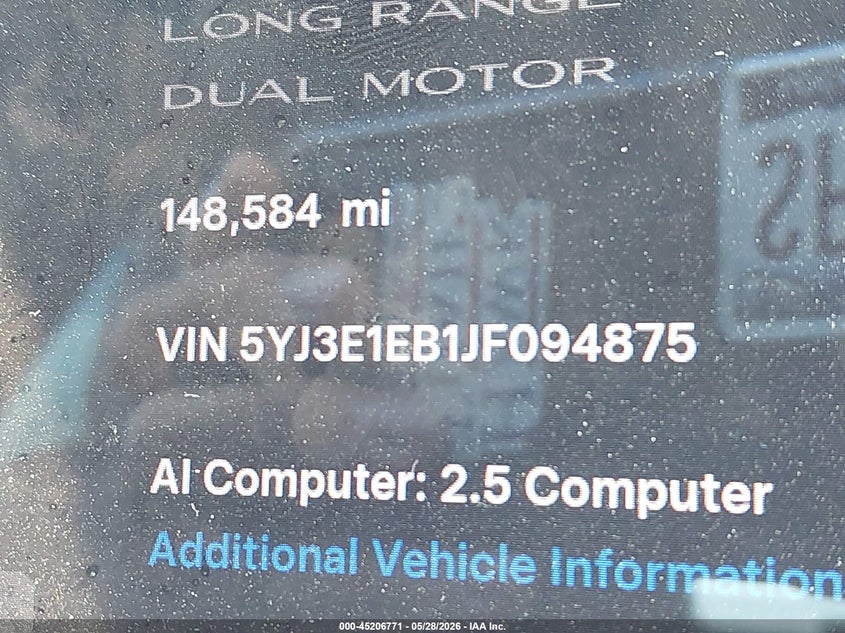 2018 Tesla Model 3 VIN 5YJ3E1EB1JF094875 IAAI salvage auction — FRONT END, Original (Texas), sold $3,350 on 2026-07-09 (photo 9)