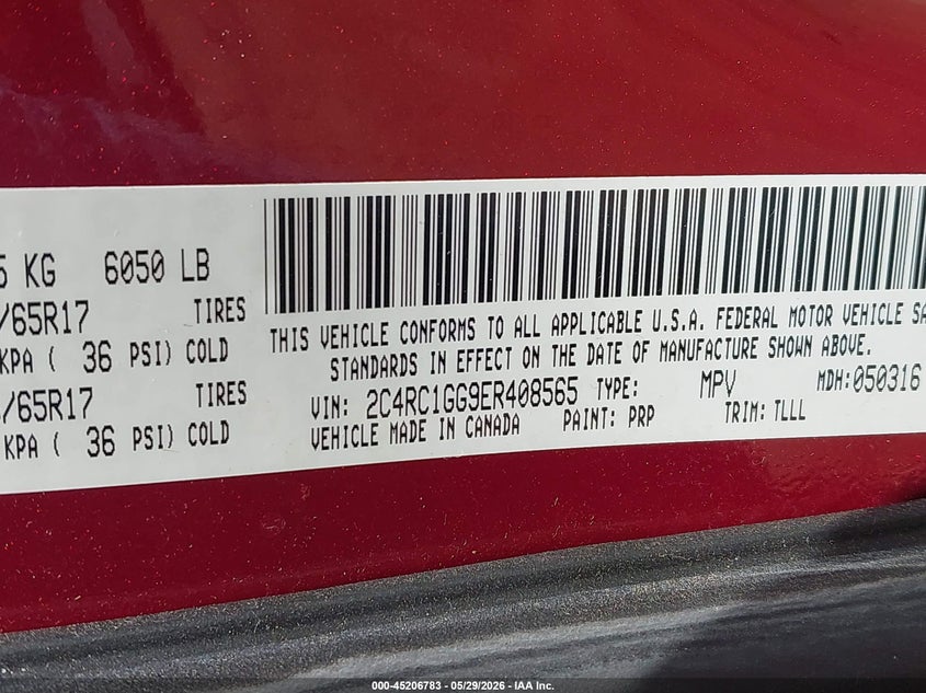 2014 Chrysler Town & country VIN 2C4RC1GG9ER408565 IAAI salvage auction — LEFT FRONT, Salvage Title, sold $450 on 2026-07-22 (photo 9)