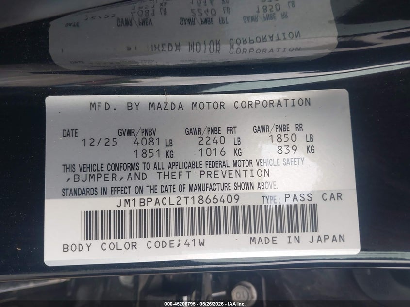 2026 Mazda 3 VIN JM1BPACL2T1866409 IAAI salvage auction — FRONT END, Salvage (Virginia), sold $7,100 on 2026-07-14 (photo 9)