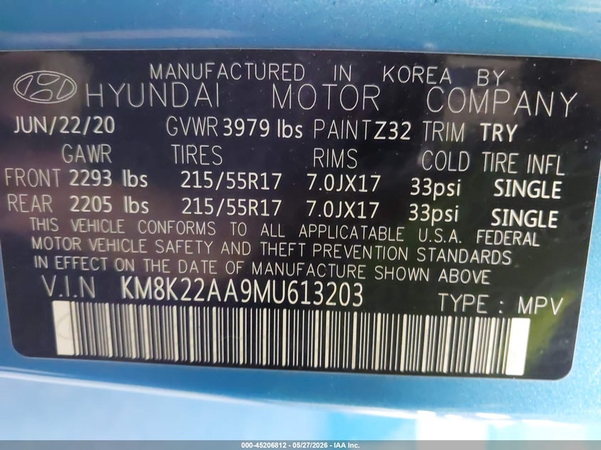 2021 Hyundai Kona VIN KM8K22AA9MU613203 IAAI salvage auction — HAIL, Salvage (Iowa), sold $25 on 2026-07-23 (photo 9)
