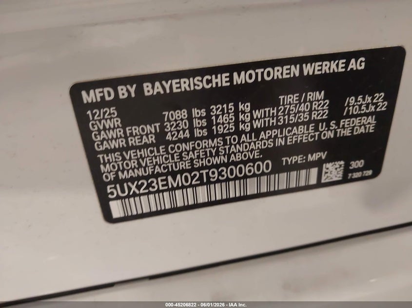 2026 BMW X7 VIN 5UX23EM02T9300600 IAAI salvage auction — FRONT END, Salvage Title, sold $38,250 on 2026-07-30 (photo 9)