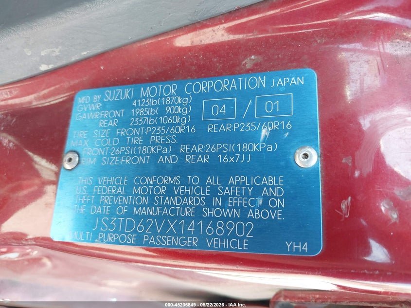 2001 Suzuki Grand vitara VIN JS3TD62VX14168902 IAAI salvage auction — SIDE, Salvage (Oregon), sold $400 on 2026-07-23 (photo 9)