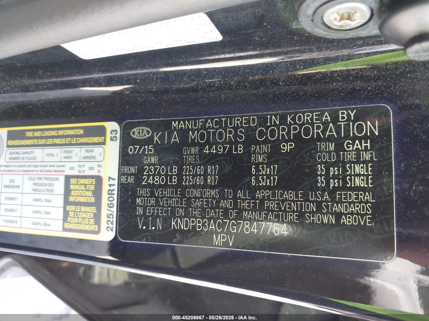 2016 Kia Sportage VIN KNDPB3AC7G7847764 IAAI salvage auction — FRONT END, Rebuildable (Florida), sold $2,075 on 2026-07-07 (photo 9)