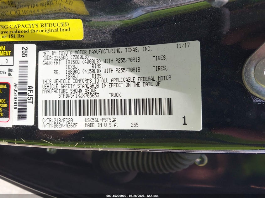 2018 Toyota Tundra VIN 5TFDW5F1XJX705653 IAAI salvage auction — FRONT END, Original (Texas), sold $8,500 on 2026-07-16 (photo 9)