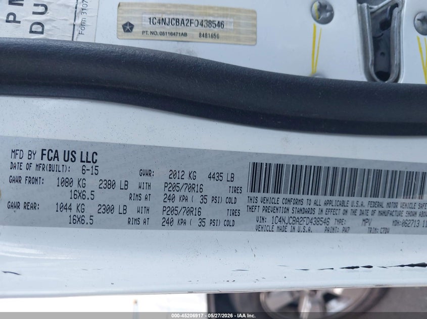 2015 Jeep Compass VIN 1C4NJCBA2FD438546 IAAI salvage auction — ROLLOVER, Non-Repairable Certificate (California), sold $825 on 2026-07-24 (photo 9)