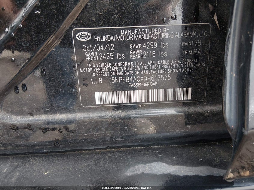 2013 Hyundai Sonata VIN 5NPEB4ACXDH617575 IAAI salvage auction — FRONT END, Clear (Arkansas), sold $1,700 on 2026-07-16 (photo 9)